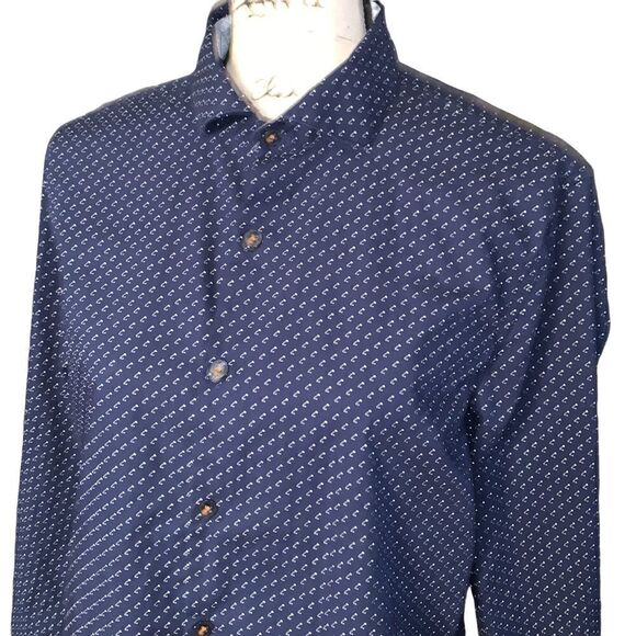 DENIM & FLOWER Ricky Singh navy button down blouse slim fit large - Picture 2 of 9
